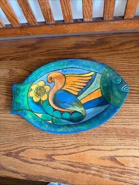 Not Rated Blue and Green Ceramic Fish Platter with Orange Bird